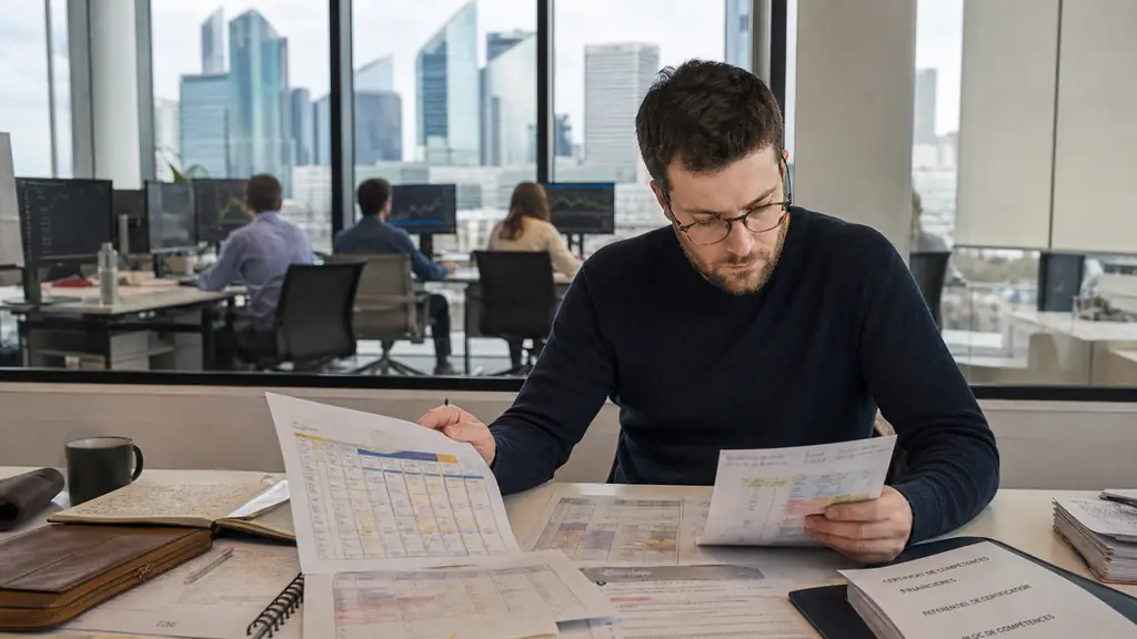 Adult learner comparing course schedules and certification documents at a desk, with a trading classroom visible through a window near La Défense