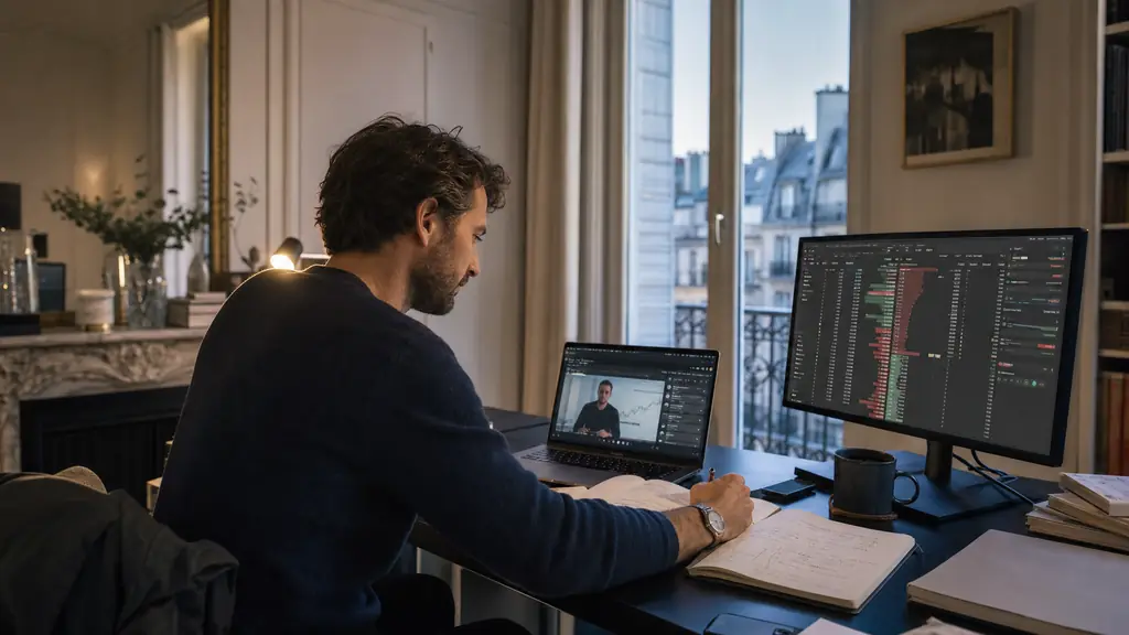 Evening trader attending a live video lesson on a laptop, reviewing a trading journal beside a market depth screen in a Paris apartment