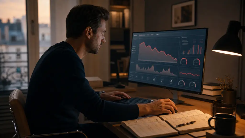 A focused evening trader reviewing a simulated account dashboard with daily loss indicators and a risk journal beside the keyboard, editorial photography, no visible text or logos