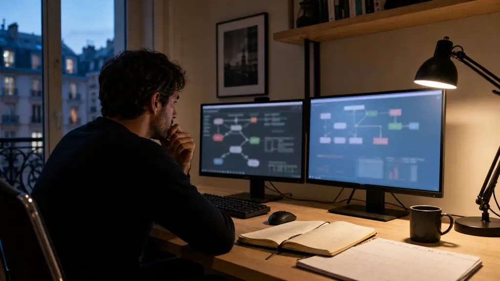 An evening trader comparing two simulated evaluation flowcharts on separate monitors, with a risk journal open beside a weekend position calendar, editorial photography, no visible text or logos