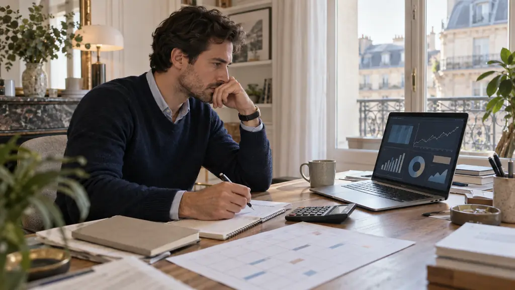 Editorial photograph of a trader checking a withdrawal calendar beside a calculator and a profit dashboard on a laptop, no visible text or logos