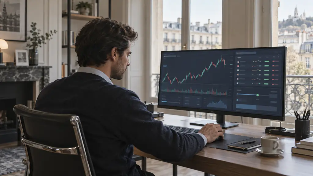 Editorial photograph of a trader adjusting a stop loss while checking a position-size calculator and several open positions on a monitor, no visible text or logos