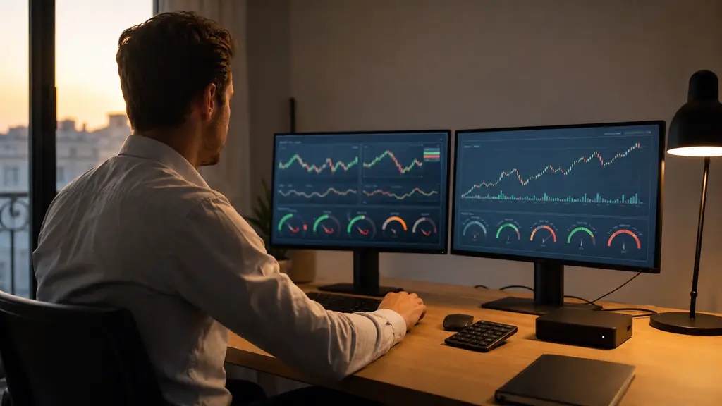 Evening trader comparing two unbranded trading dashboards with color-coded drawdown gauges, a calculator and a small VPS device on the desk, realistic editorial photography, no text, no logos