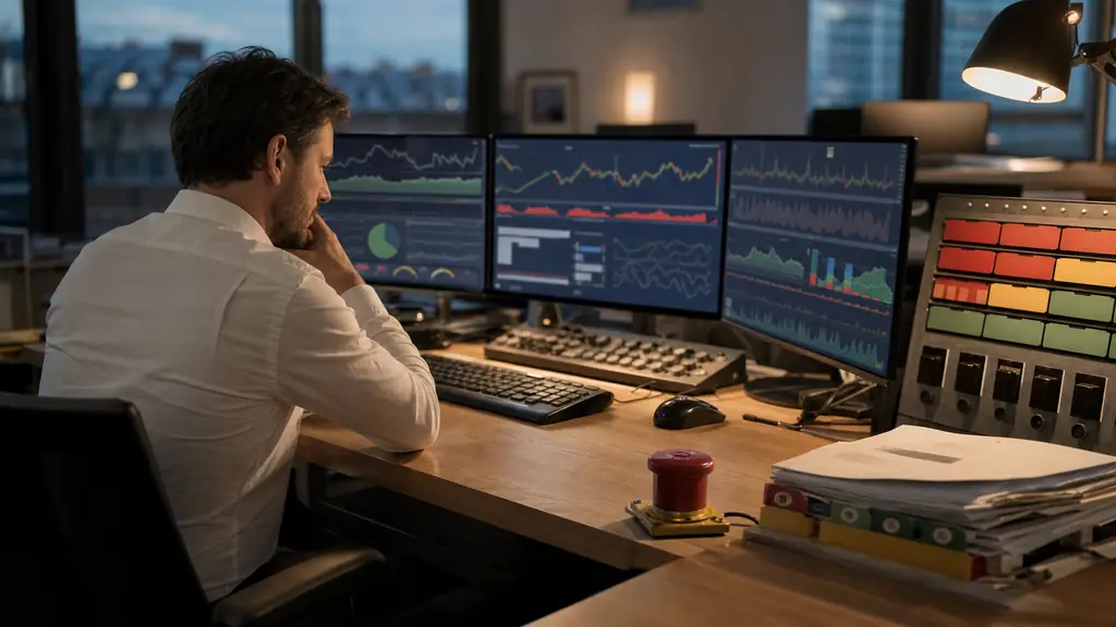 Evening trader checking three synchronized order panels beside a color-coded risk dashboard, with a physical emergency stop button and staggered payout dates marked by colored calendar tabs, realistic editorial photography, no text, no logos