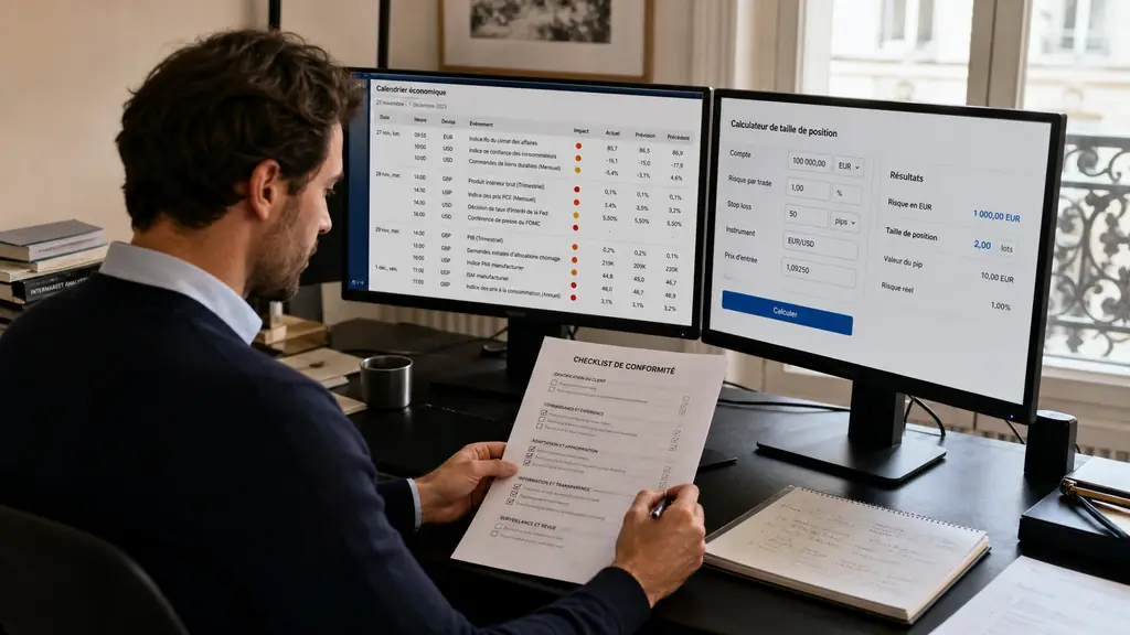 trader checking a printed compliance checklist beside two trading platform screens, with an economic calendar and position size calculator visible
