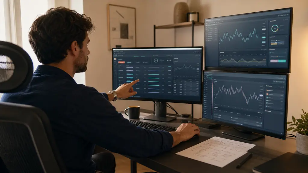 editorial photograph of a trader adjusting account-specific quantity multipliers on a trade copier dashboard, beside a handwritten stop-loss calculation and two screens showing differently sized account balances, no legible text or logos