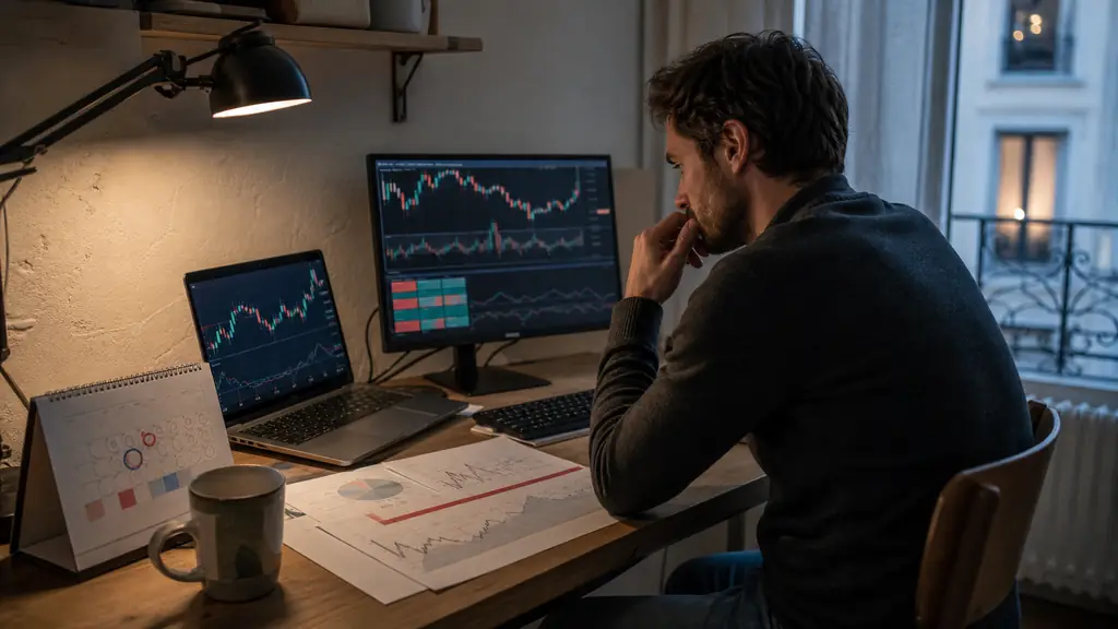 Evening trader at a home desk reviewing a simulated forex account, a risk sheet showing a six percent loss threshold beside a calendar marked for five-day and fourteen-day payout checks, realistic editorial photography, no text, no logo