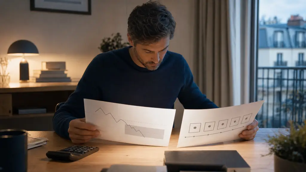 Evening swing trader comparing two instant funding rule sheets beside a calculator, one sheet highlighting a six percent drawdown and the other a five-day payout calendar, realistic editorial photography, no text, no logo