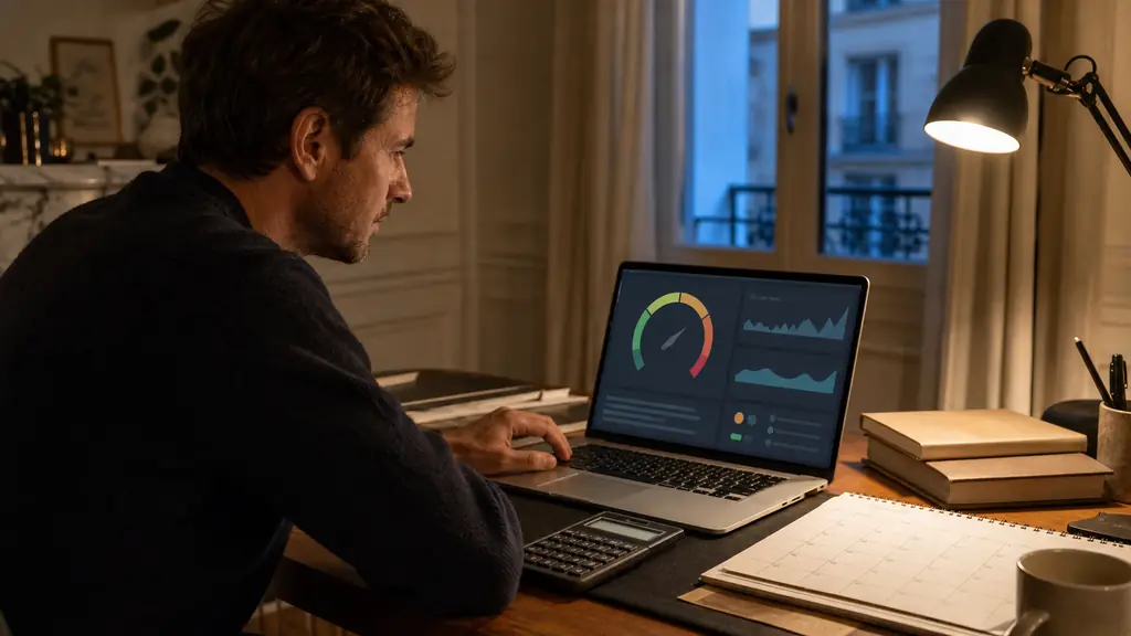 Editorial photograph of a disciplined evening trader checking a risk gauge on a laptop dashboard, with a calculator and a payout calendar beside the keyboard, no text, no logos