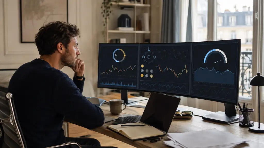 Editorial photograph of a trader comparing an IF1 24-hour account, a Micro crypto account and a one-phase evaluation in three separate dashboard panels, no text, no logos