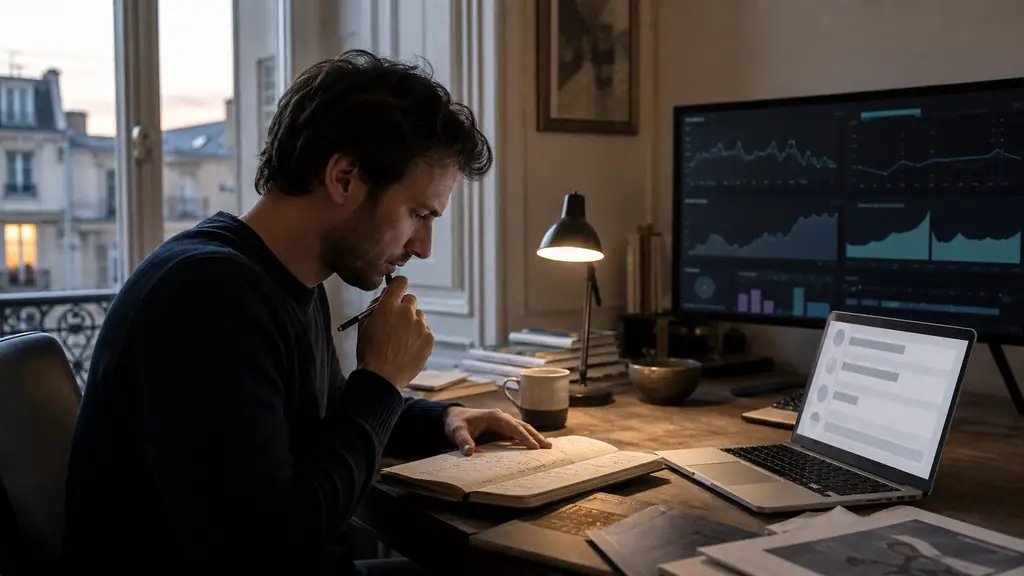 Editorial photograph of an evening trader reviewing a trading journal beside a risk dashboard, with a written support confirmation open on a laptop, no visible text or logos