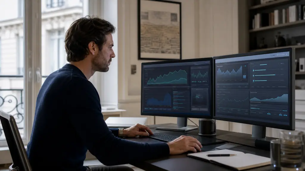 Editorial photograph of a trader adjusting position size on a risk dashboard while reviewing a capital scaling plan and an automated trading settings panel, no visible text or logos