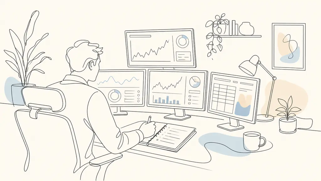 Editorial photo of a trader at a desk comparing several prop firm dashboards on multiple screens, taking notes on rules, pricing and payout conditions, realistic office lighting, no text, no logo