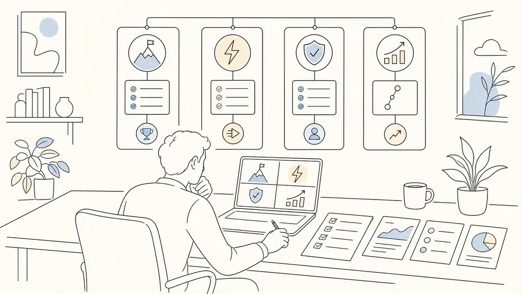 Editorial photo of a retail trader comparing four prop firm program types on a laptop and printed notes, highlighting challenge, instant funding, direct funded, and growth path options in a realistic home office, no text, no logo