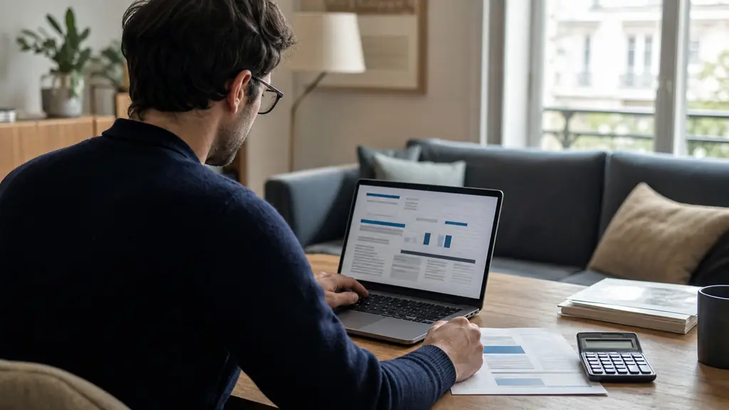 trader comparing payout conditions on a laptop beside a calculator and a saved copy of account rules, editorial photography, no readable text, no logo