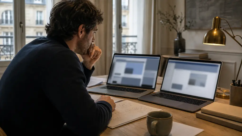 trader cross-checking two company overview pages on separate laptop screens, with Lucid Prop Firm and Lucid Trading references obscured and handwritten comparison notes beside the keyboard, editorial photography, no readable text, no logo