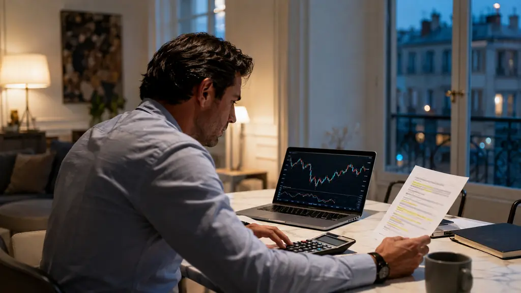 evening trader in a Lyon apartment using a calculator beside a laptop displaying a generic market chart, hand reviewing a highlighted risk-rule sheet, no visible text or logos