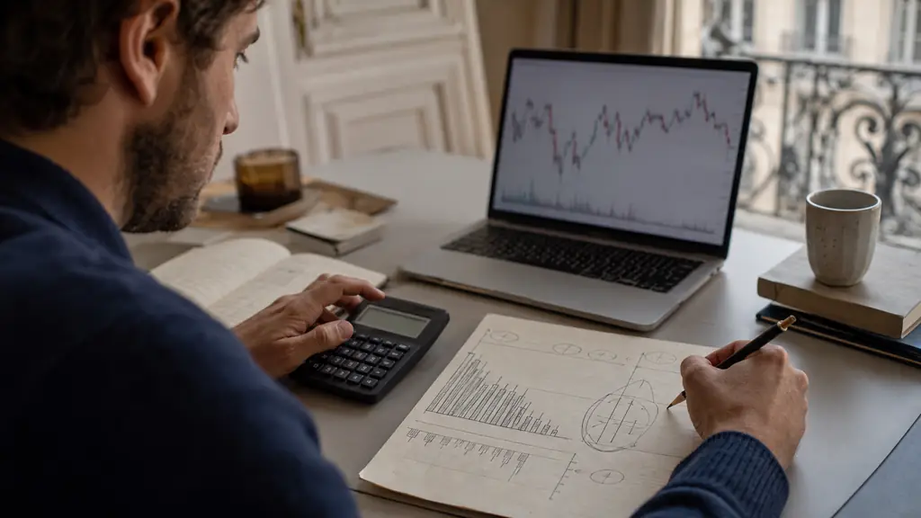 close-up of a trader calculating consecutive losses beside a laptop, with a risk worksheet and a handwritten capital-versus-loss comparison, no visible text or logos