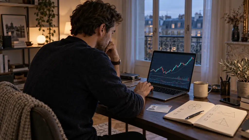 Evening trader reviewing a NASDAQ chart on a laptop running a text-free trading interface, with an identity document ready for KYC verification and a risk-management notebook beside the keyboard, editorial photography, no text, no logo