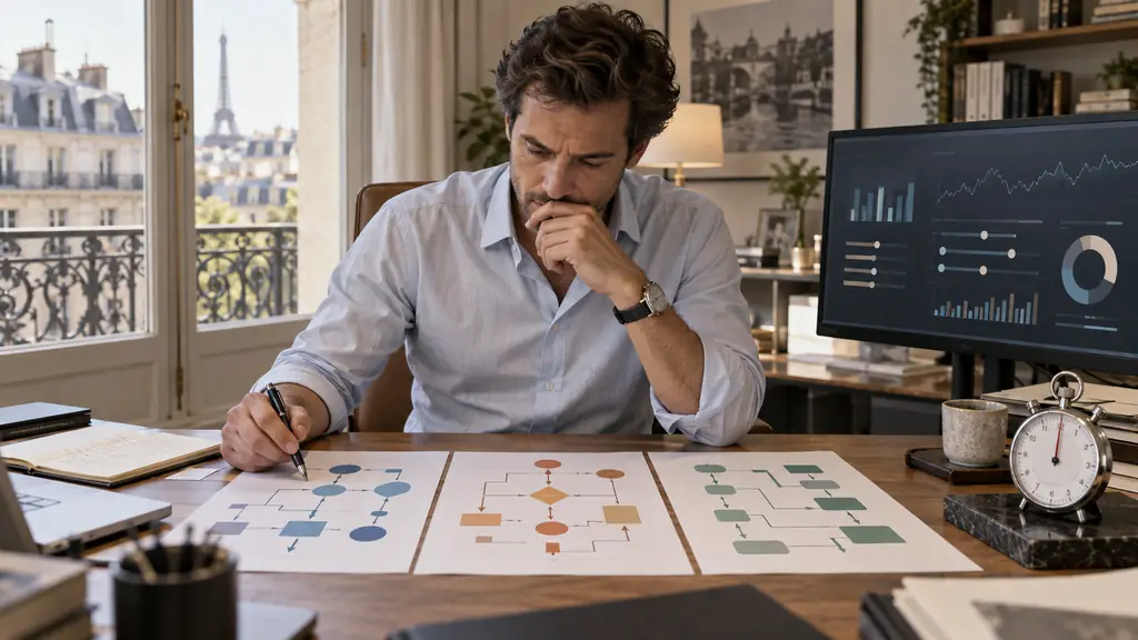 Trader comparing three color-coded challenge flow diagrams beside a risk calculator and a 24-hour stopwatch, editorial photography, no text, no logo