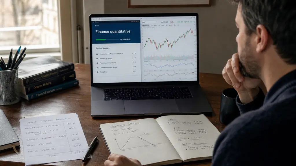 trader comparing a Coursera course page and technical charts on a laptop, with a handwritten pricing grid and an options strategy notebook on the desk