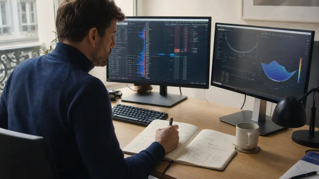 trader practicing on a futures order book beside a handwritten trading journal, with an options volatility chart open on a second screen