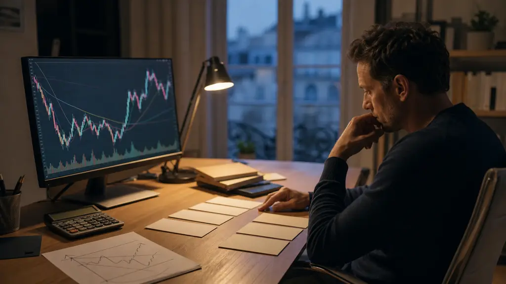 evening trader comparing five account options at a desk, CME futures chart on one monitor, calculator beside a handwritten drawdown diagram, no text, no logos