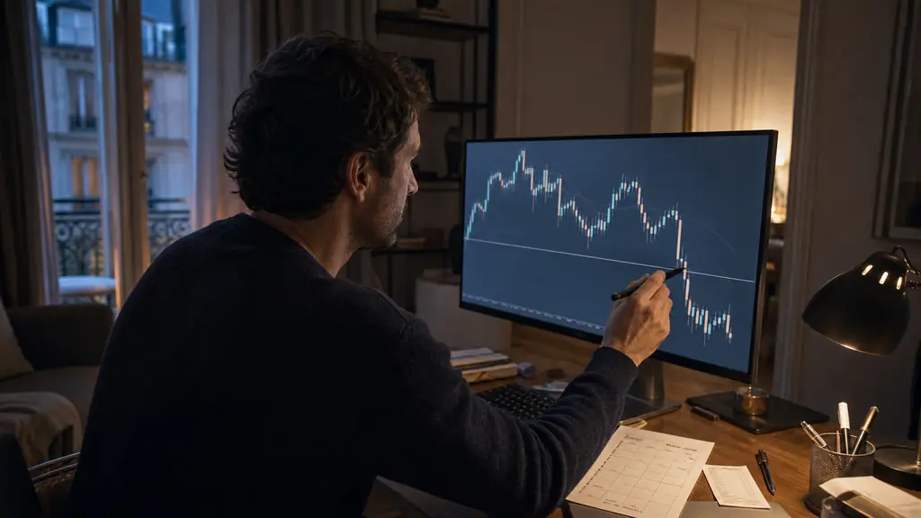 evening futures trader marking a static drawdown level beside a CME chart, with a payout calendar and activation fee receipt on the desk, no text, no logos
