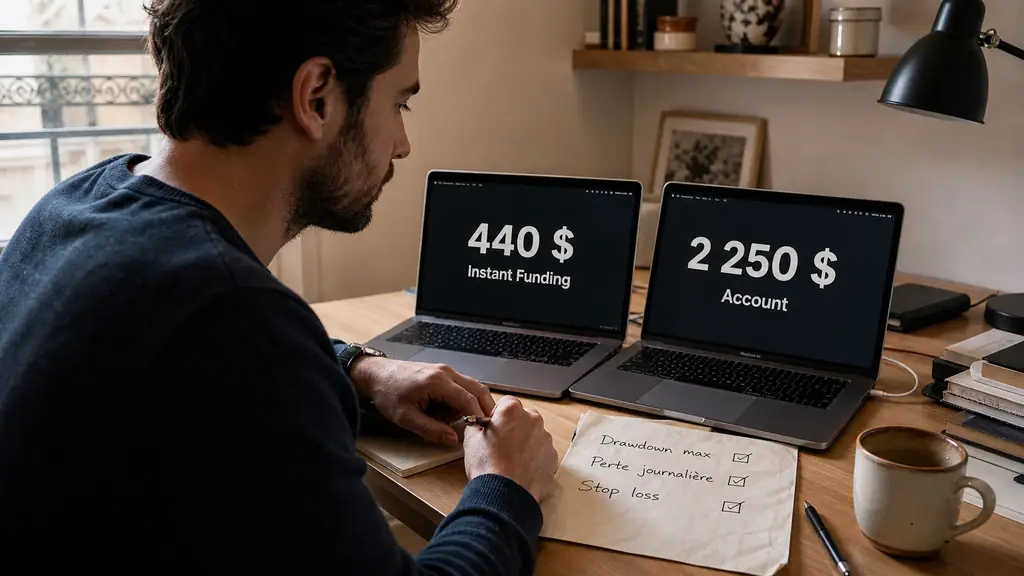 trader comparing a 440 dollar instant funding offer and a 2250 dollar account on two laptop screens, with a handwritten drawdown checklist beside the keyboard