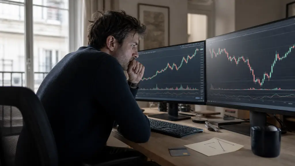 focused trader comparing crypto charts across two monitors, bank card beside the keyboard and a handwritten drawdown note, editorial photography, no text, no logo