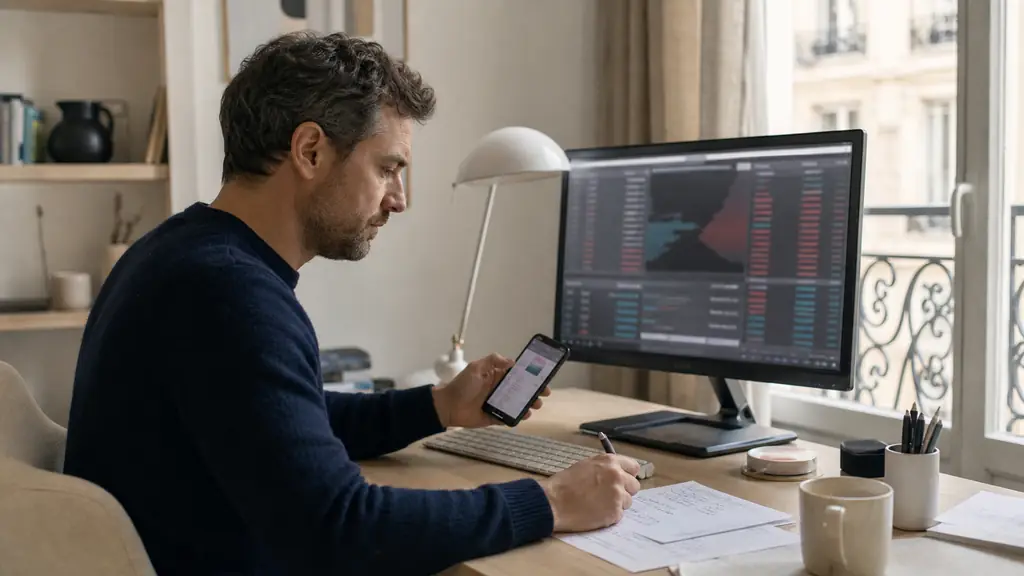 French retail trader comparing an order book on a desktop monitor, a copy trading interface on a smartphone, and handwritten calculations of commissions and overnight fees, editorial photography, no legible text, no logos