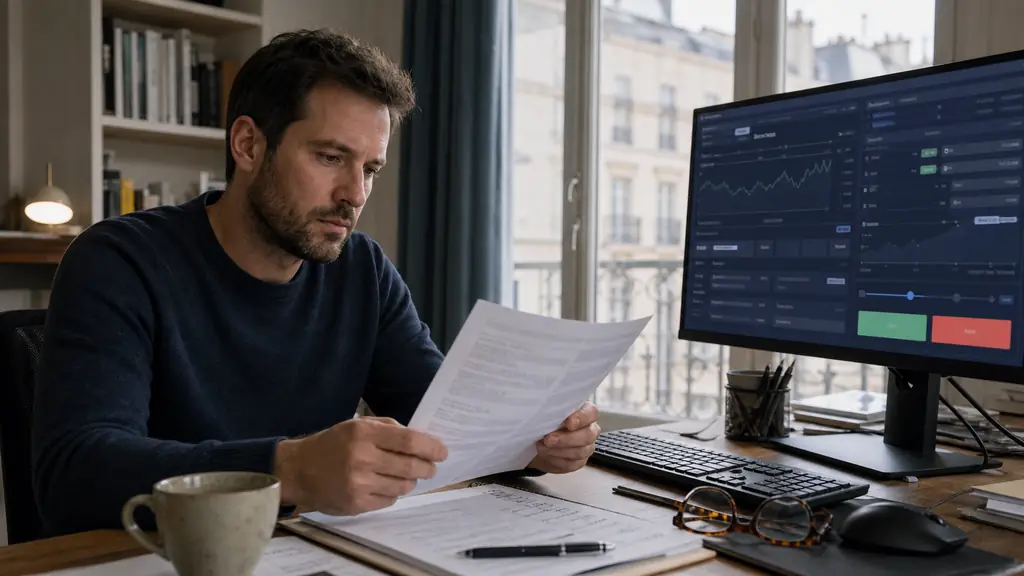 French retail trader checking a broker account agreement beside a desktop trading platform showing a stock purchase ticket and a CFD order ticket, editorial photography, no text, no logos