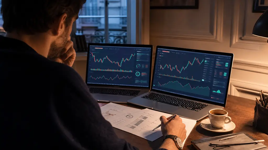 close-up editorial photograph of a forex trader comparing FTMO and The5ers challenge metrics on two laptop charts, with a handwritten risk sheet showing 5 percent daily loss and 10 percent total loss, evening desk setting, no visible text or logos