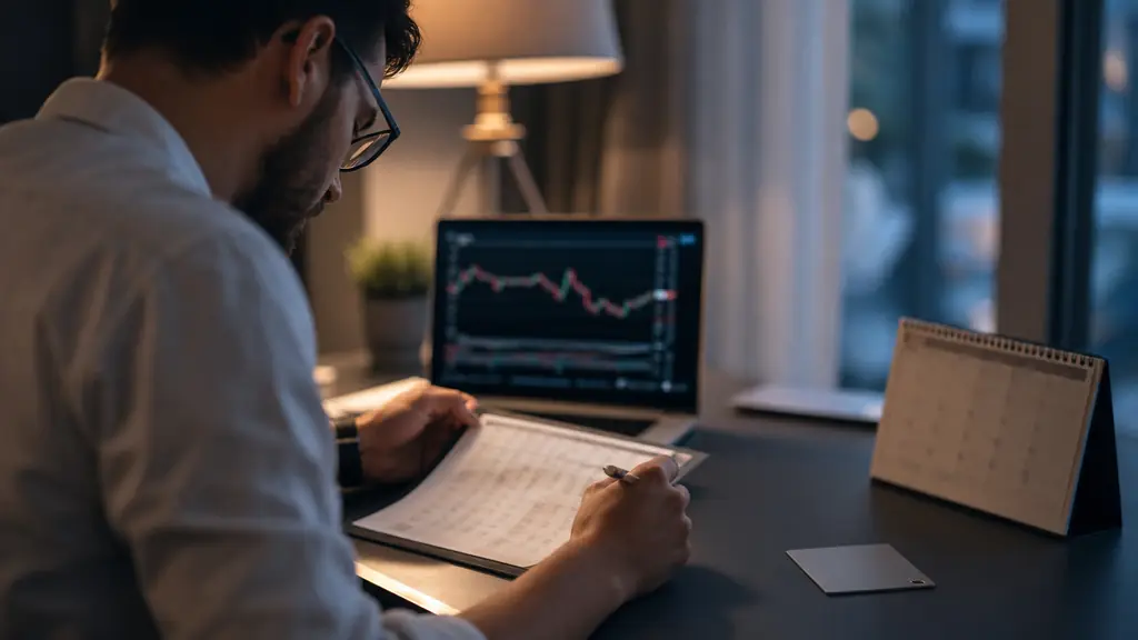 editorial photograph of an evening forex trader checking a daily drawdown calculation beside an economic calendar and a payment card, laptop trading charts in the background, no visible text or logos