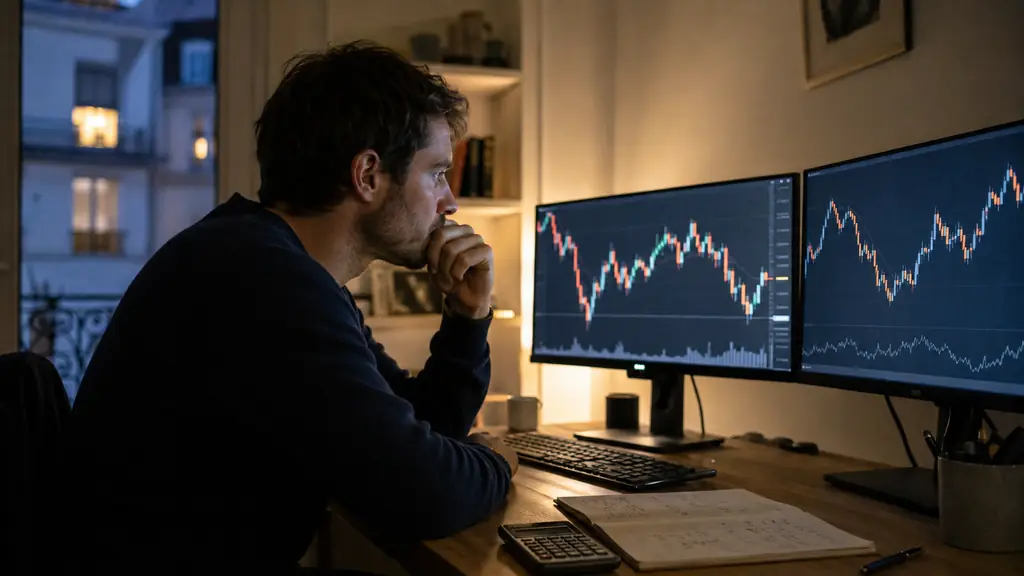 editorial photograph of an evening trader at a home desk comparing an unlabeled forex candlestick chart and a stock index chart on two monitors, notebook and calculator beside the keyboard, no text, no logo