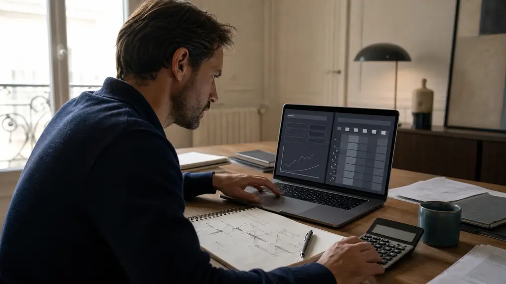 editorial photograph of a trader checking an unlabeled challenge checkout summary and a risk-rule comparison table on a laptop, calculator and handwritten drawdown notes beside it, no text, no logo