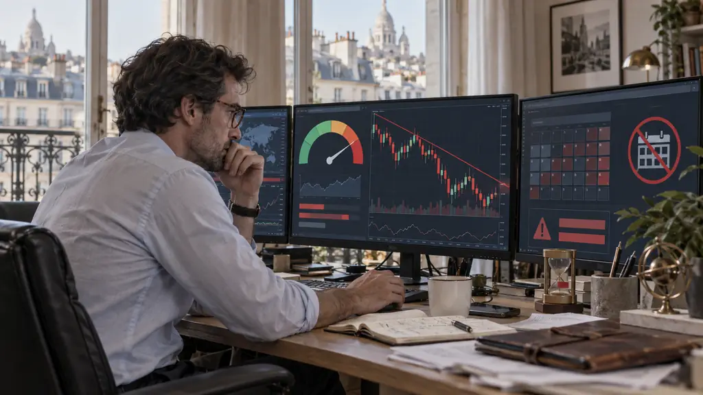 Editorial photograph of a trader monitoring an equity safety gauge and a candlestick chart with a visible stop-loss line, beside an economic calendar blackout indicator, no readable text or logos