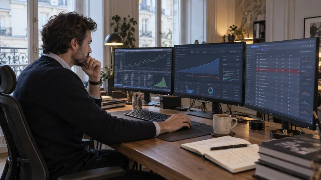 Editorial photograph of a trader comparing an MT5 strategy report, a Myfxbook equity curve and an economic calendar showing NFP and CPI events on three monitors, no readable text or logos