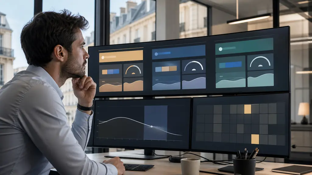 Editorial photograph of a futures trader comparing three account options on multiple monitors, with an overnight position chart and a weekend calendar visible, no text, no logos