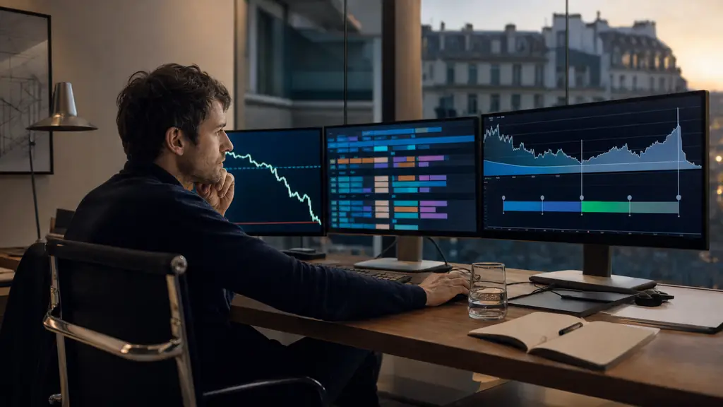 Editorial photograph of a futures trader monitoring an end-of-day drawdown line, an economic news calendar, and an overnight position held across a weekend, no text, no logos
