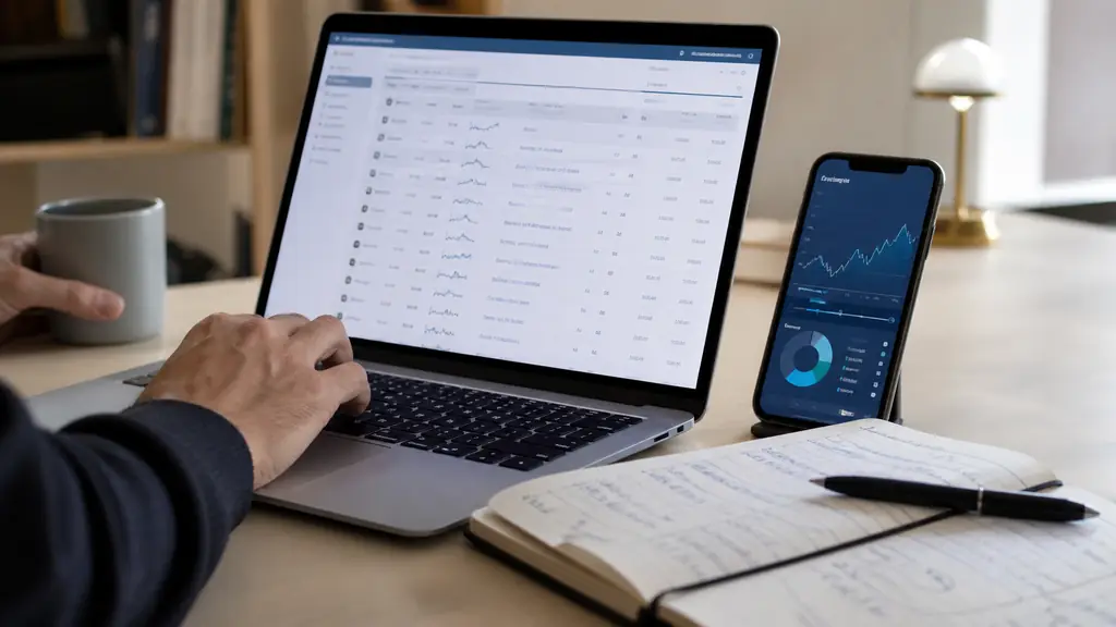 Close-up editorial photograph of an investor using a browser-based watchlist beside a smartphone displaying an interactive portfolio chart, with ETF notes on a desk, no visible text or logos