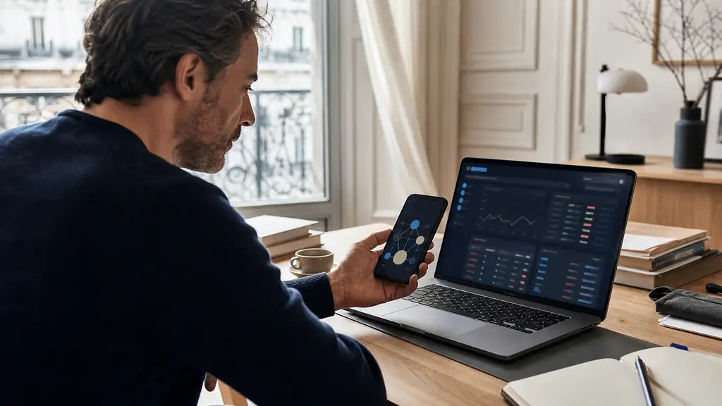 Editorial photograph of an investor comparing an ETF watchlist on a laptop webtrader with an interactive portfolio diagram on a smartphone, no visible text or logos
