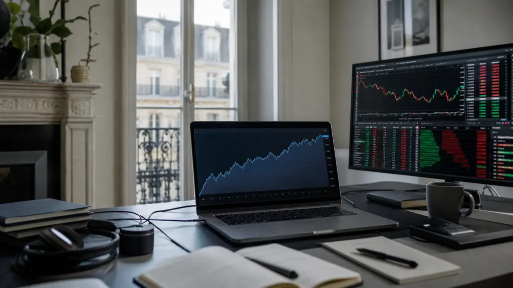 Editorial photograph of a professional trading desk beside a laptop displaying a simulated challenge equity curve, with a broker terminal showing active market orders, no text, no logos