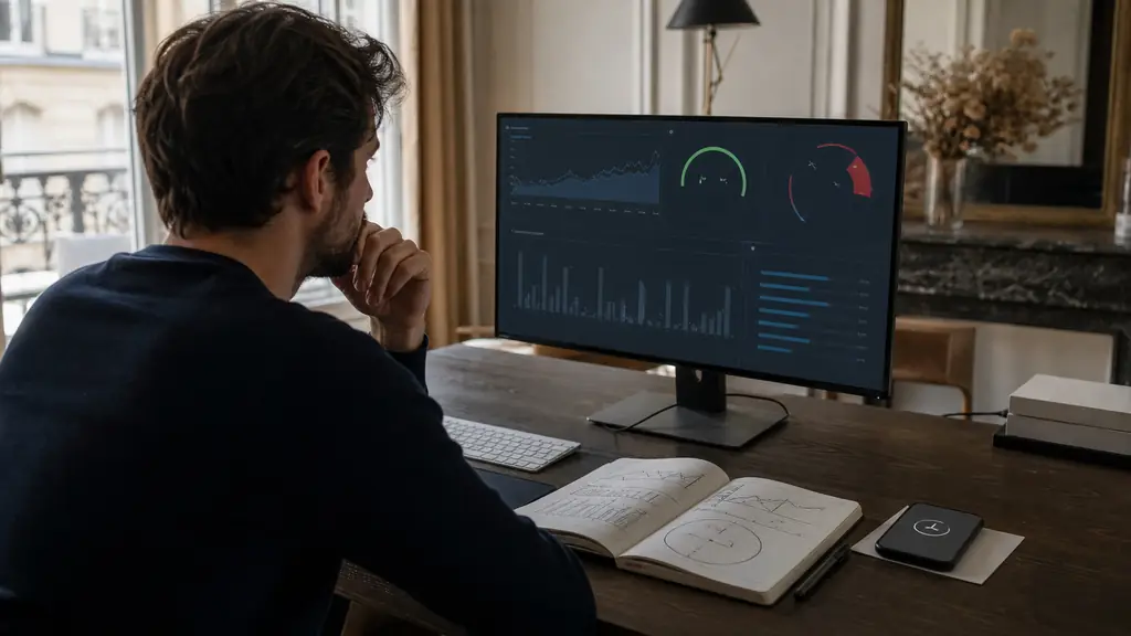 Editorial photograph of a trader reviewing a challenge dashboard with a profit target and drawdown gauge, beside a notebook showing risk limits and a pending payout request, no text, no logos