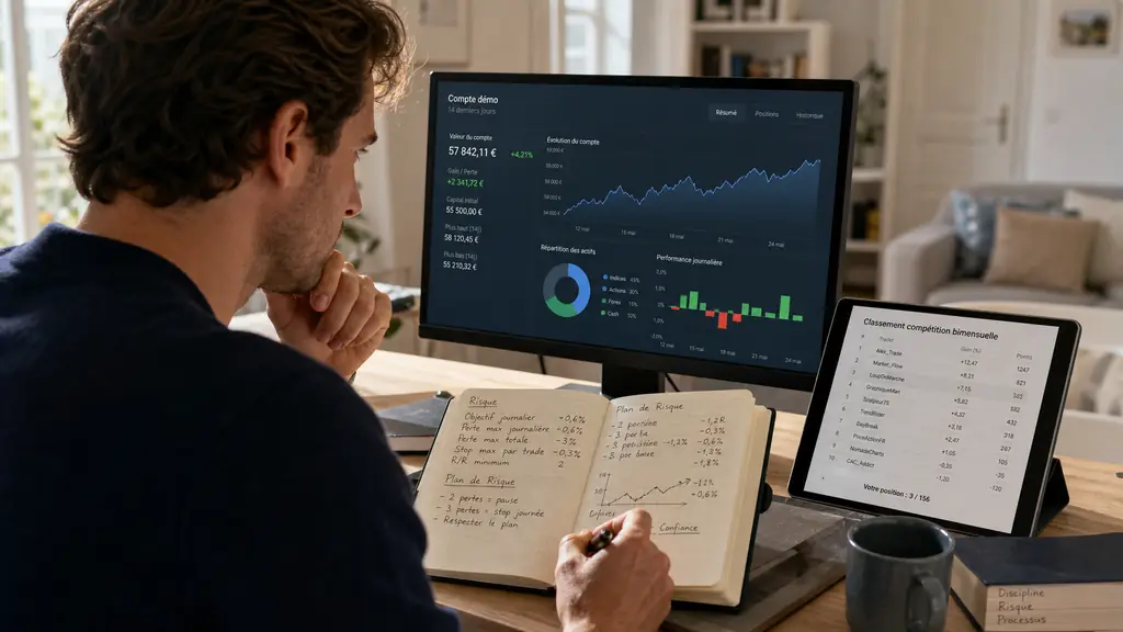 trader comparing a 14-day demo account dashboard, a biweekly competition ranking and a handwritten risk journal at a home desk