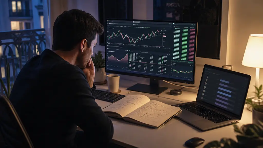 evening trader comparing a cTrader execution screen with a handwritten risk journal showing drawdown limits and a competition ranking on a laptop, editorial photography, no text, no logo