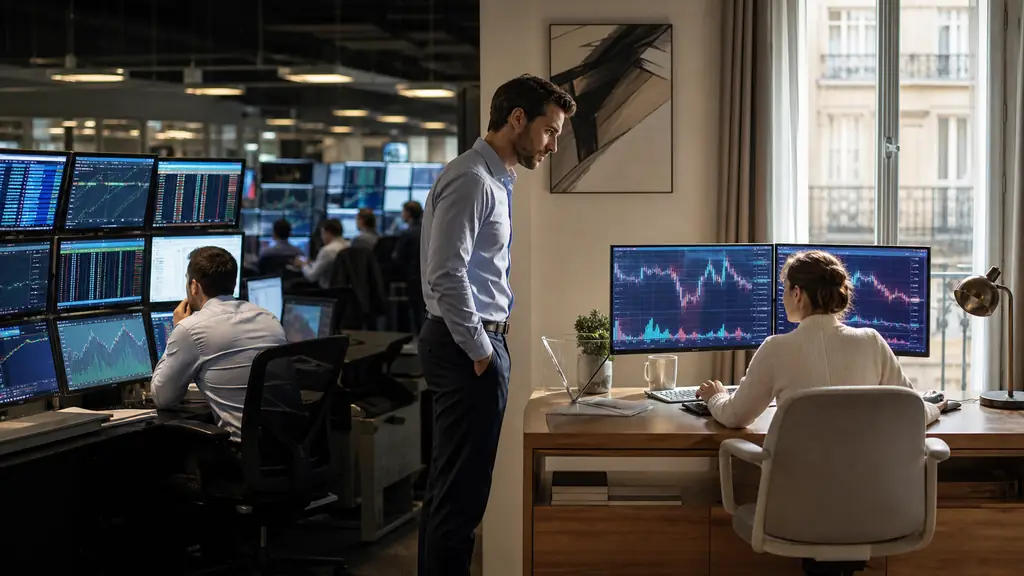 Editorial photograph of an institutional trading desk beside a home trader using a simulated account, with market depth charts on dual monitors and a risk manager reviewing live order execution, no readable text or logos