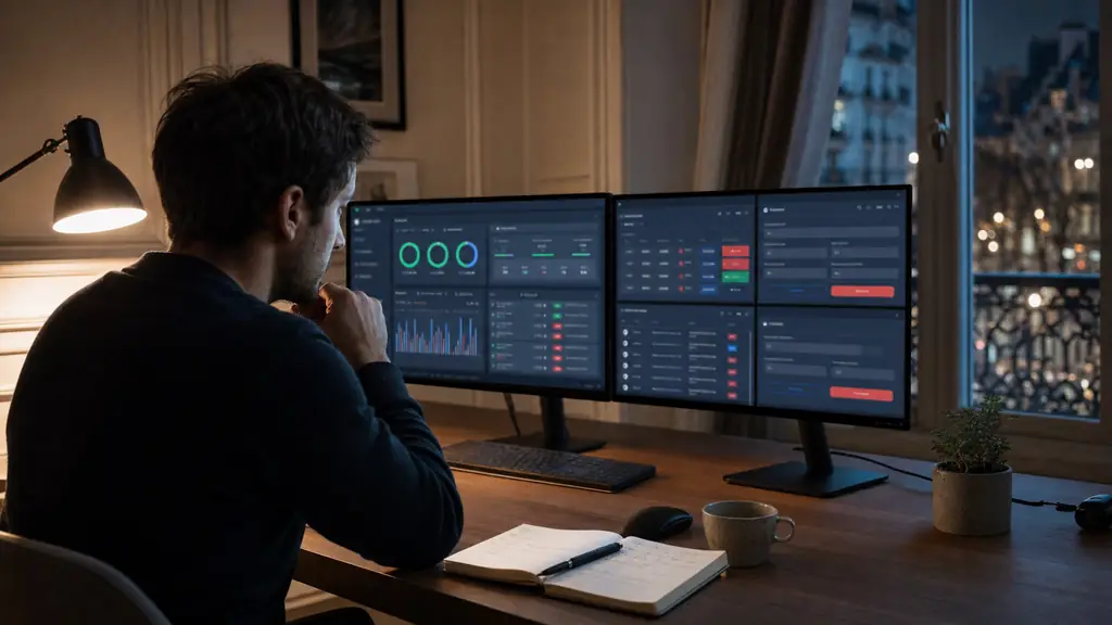Editorial photograph of an evening home trader checking a challenge dashboard with a stop-loss order ticket, an economic calendar open to CPI and NFP events, and a payout request form visible without readable text or logos