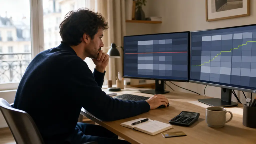 French home-office trader comparing two unlabeled prop firm rule tables on dual monitors, one showing a static loss boundary and the other an end-of-day trailing curve, calculator and bank card on the desk, editorial photography, no text, no logos