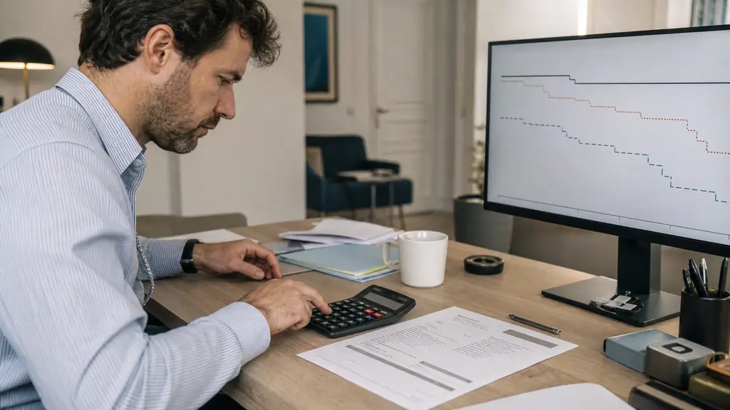 Editorial photograph of a trader using a calculator beside a challenge invoice with activation and reset fee rows, while a monitor displays three distinct static, trailing and end-of-day loss boundary curves, no text, no logos